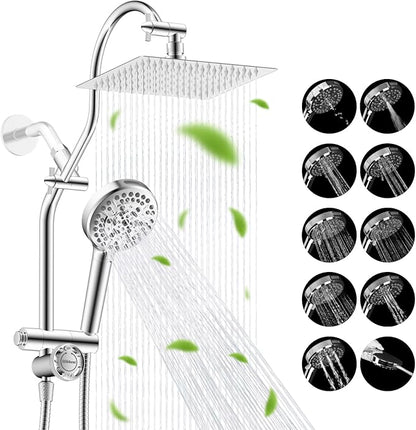 Hibbent High Pressue All Metal 8" Rainfall Shower Head, Handheld 10-Spray | cUPC Certified Chrome Dual Showerhead Combo, 4-way Diverter with Pause Mode, Brass Extension Arm, 71'' Shower Hose & Holder