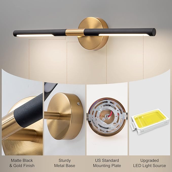 Modern Bathroom Light Fixtures Over Mirror 23.6 Inch, 18W 360° Rotatable Dimmable 4000K Led Vanity Light Bar, Black and Gold Bathroom Vanity Lights Above Mirror