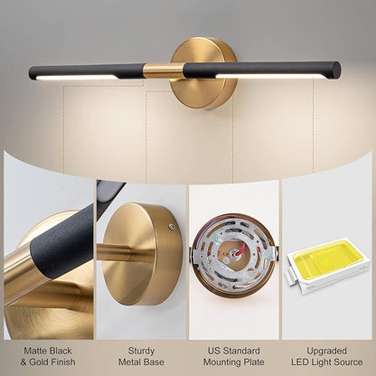 Modern Bathroom Light Fixtures Over Mirror 24 Inch, 18W 360° Rotatable Dimmable 4000K Led Vanity Light Bar, Black and Gold Bathroom Vanity Lights Above Mirror, Led Bathroom Lighting