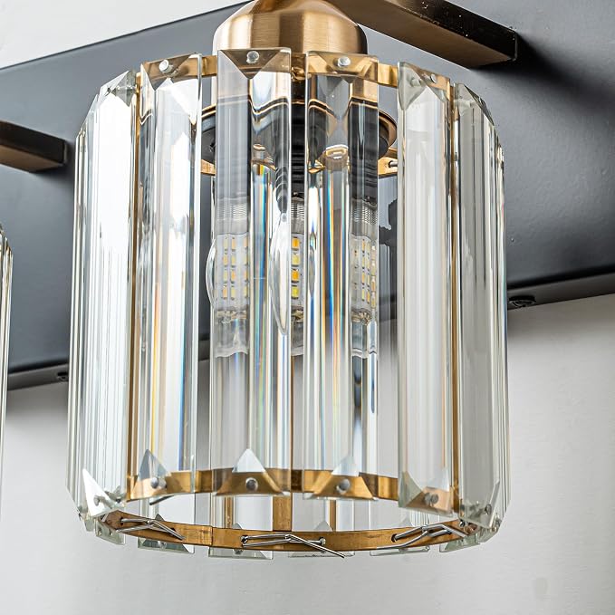 Modern Crystal Bathroom Vanity Lights, 3-Lights Black Gold Bathroom Light Fixtures Over Mirror, Crystal Vanity Light with Polished Gold Finish(Exclude Bulb)