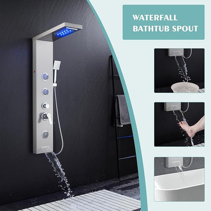 LED Shower Panel Tower System, 6-in-1 Shower Tower with Rainfall Waterfall Shower Head, 2 Modes Powerful Body Jets, Handheld Shower and Tub Spout, Stainless Steel Shower Column, Brushed Finish