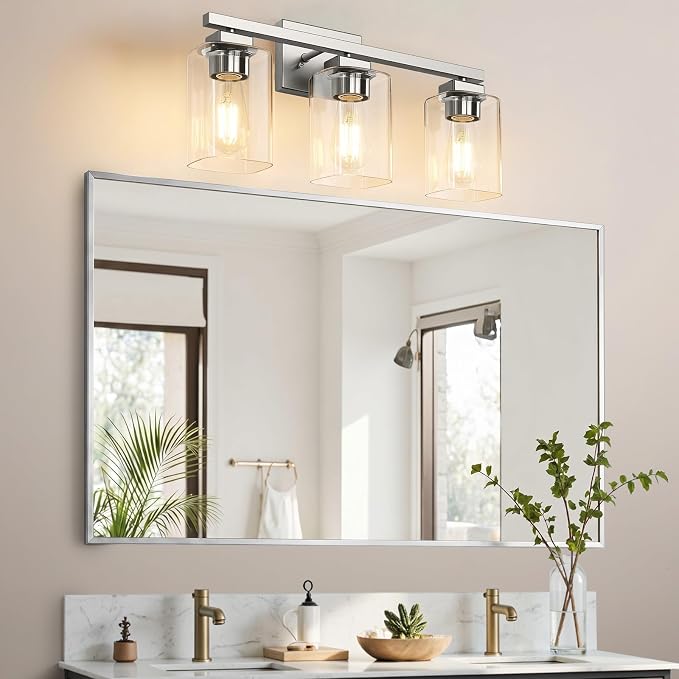 BesLowe 19” Bathroom Light Fixtures, 3-Light Vanity Light Brushed Nickel | Square Clear Glass & Durable Metal, Quick & Easy Installation, Standard E26 Socket, Bright Bathroom Lighting