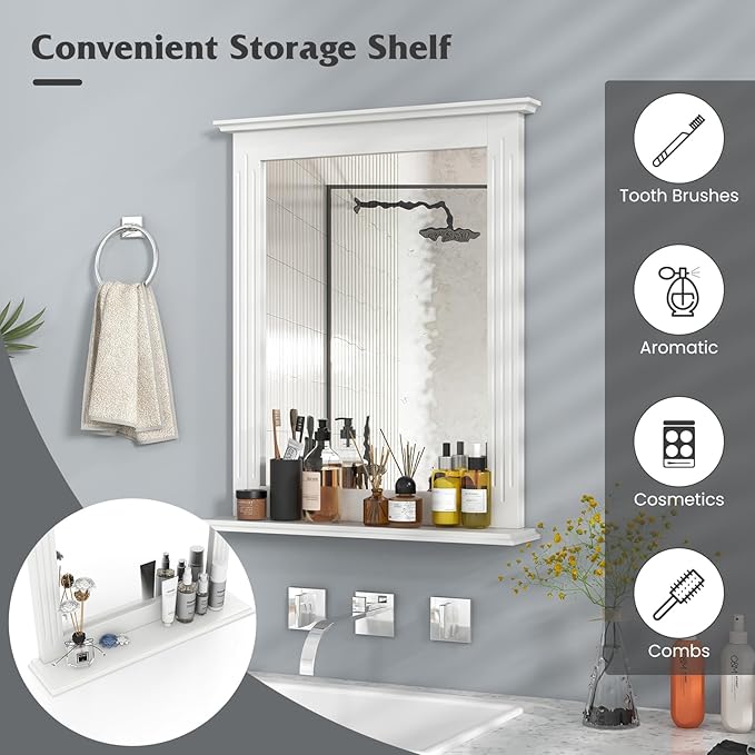 Tangkula Bathroom Mirror with Shelf, Rectangle Over Sink Wall Mirror, Hanging Vanity Mirror for Dressing Room Washroom Bedroom, Modern Concise Mirror (White)