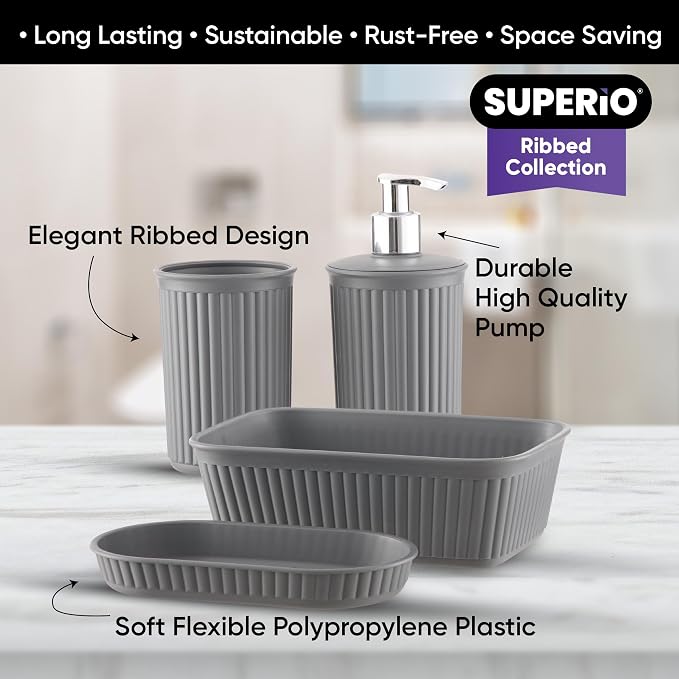 Superio Ribbed Collection - Decorative Plastic Bathroom Accessories Set, Grey (Set of 4) Soap Dish Liquid Dispenser, Toothbrush Holder Cup, Vanity Organizer Tray - Bath Accessory Countertop Decor Gift