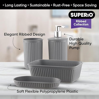 Superio Ribbed Collection - Decorative Plastic Bathroom Accessories Set, Grey (Set of 4) Soap Dish Liquid Dispenser, Toothbrush Holder Cup, Vanity Organizer Tray - Bath Accessory Countertop Decor Gift