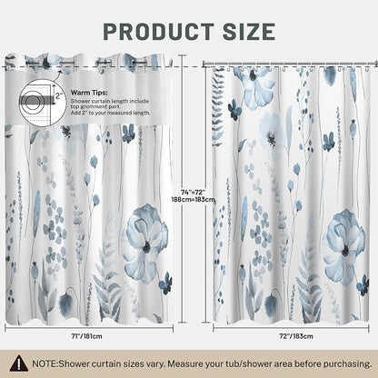 No Hook Floral Shower Curtain with Liner, Moonlight Blue, 71x74 | Snap in Liner, 3 in 1, Water Repellent, Easy Install, Machine Washable, Hotel Style for Bathroom, Watercolor Pattern