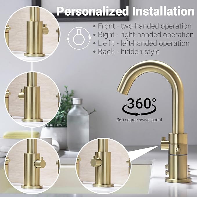 Bathroom Faucet 3 Hole Brushed Gold - Flow-Setting 8 Inch Widespread Bathroom Sink Faucet with 360° Swivel Spout for Small Vanity, with Overflow Pop Up Drain and cUPC Waterlines