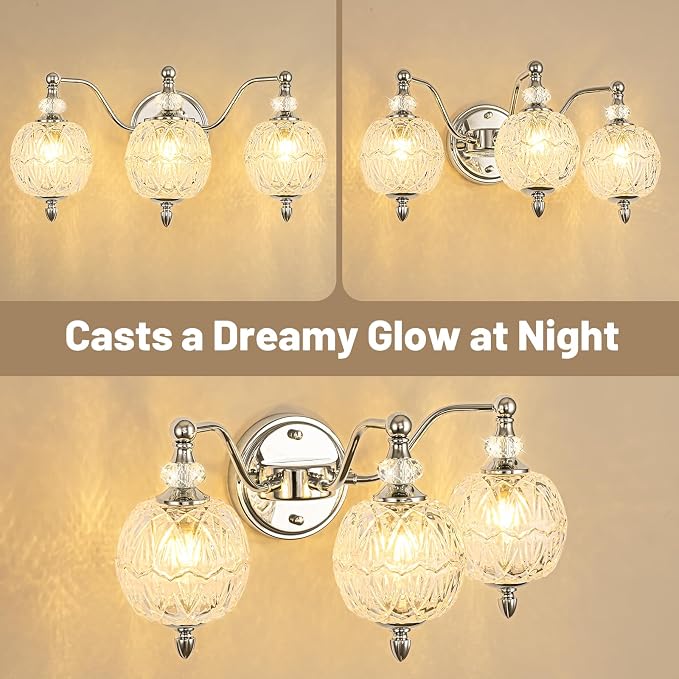 Brushed Chrome Bathroom Vanity Light, 3-Light Mid Century Modern Brushed Chrome Finish Wall Sconce with Globe Glass Shades, Modern Mirror Light for Bathroom, Powder Room