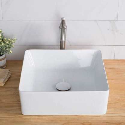 KRAUS Viva™ Square White Porcelain Ceramic Vessel Bathroom Sink with Pop-Up Drain, 15 5/8 in. L x 15 5/8 in. W x 5 1/8 in. H, KCV-202GWH