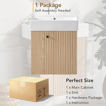 Merax Floating Bathroom Vanity with Sink Combo, 20" Wall Mounted Cabinet with Wood Stripes Decor, Open Shelf, One Piece Sink Basin Bathroom Vanity, Oak