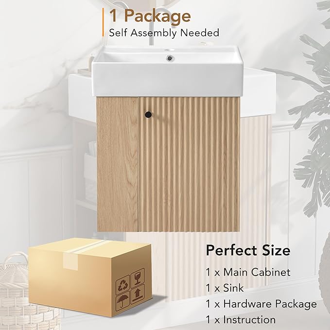 Harper & Bright Designs 21.6" Bathroom Vanity with Sink, Wall-Mounted Single Basin Vanity Set with Cabinet & Two-Tier Left Side Storage Shelf, Storage Cabinet with Ceramic Basin for Bathroom, Wood