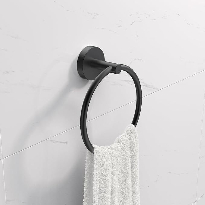 LAKETON Collection, 5-Piece Bathroom Hardware Accessories Set, Towel Ring, Adjustable Expandable Towel Bar, Two Towel and Robe Hook, Toilet Paper Holder, Wall Mounted, Matte Black