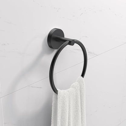 LAKETON Collection, 5-Piece Bathroom Hardware Accessories Set, Towel Ring, Adjustable Expandable Towel Bar, Two Towel and Robe Hook, Toilet Paper Holder, Wall Mounted, Matte Black