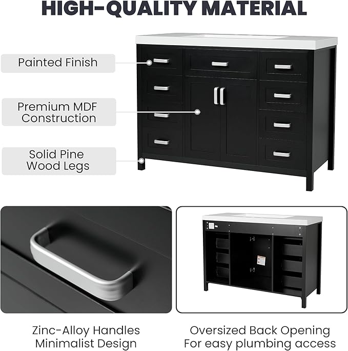 Harper & Bright Designs 48" Bathroom Vanity Set with Sink, Free Standing Single Basin Vanity Set with 2 Soft-Close Doors and 8 Drawers, Wood Storage Cabinet with Resin Basin for Bathroom, Black
