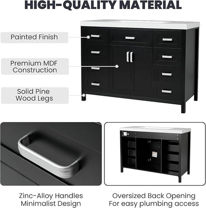 Harper & Bright Designs 48" Bathroom Vanity Set with Sink, Free Standing Single Basin Vanity Set with 2 Soft-Close Doors and 8 Drawers, Wood Storage Cabinet with Resin Basin for Bathroom, Black