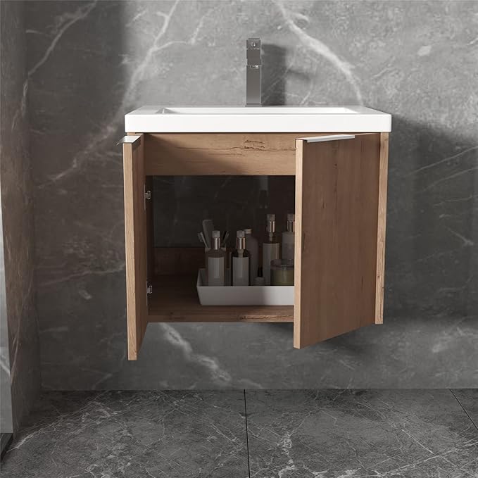 SSLine Wall Mounted Bathroom Vanity with Sink Combo Modern 24-Inch Single Bathroom Vanity Set with Top Basin &Storage Cabinet Wood Hanging Bath Cabinet w/Resin Sink for Small Space(Brown)