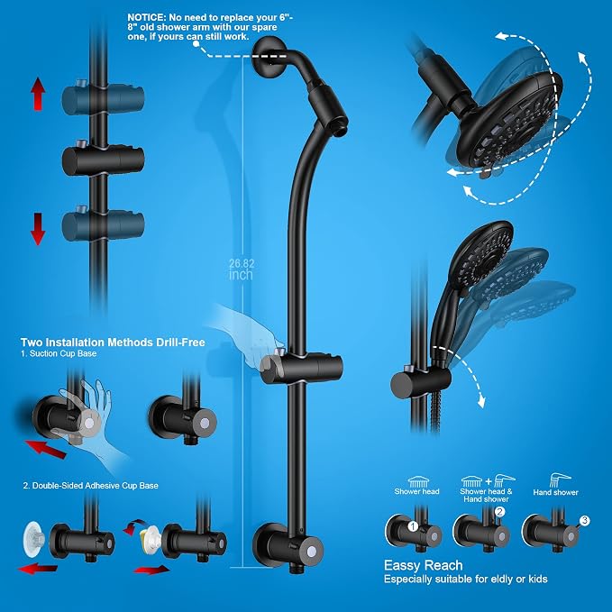 Handheld Showerhead & Rain Shower Combo for Easy Reach, 27.5" Drill-free Stainless Steel Slide Bar, 5”of 5-setting Handheld Shower and Showerhead, with 5ft Hose - Black