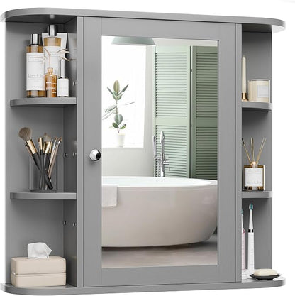 Bathroom Mirror Cabinet Wall Mounted, Medicine Cabinet with Mirror and 6 Open Shelves, Modern Bathroom Wall Cabinets Medicine Cabinets, Grey