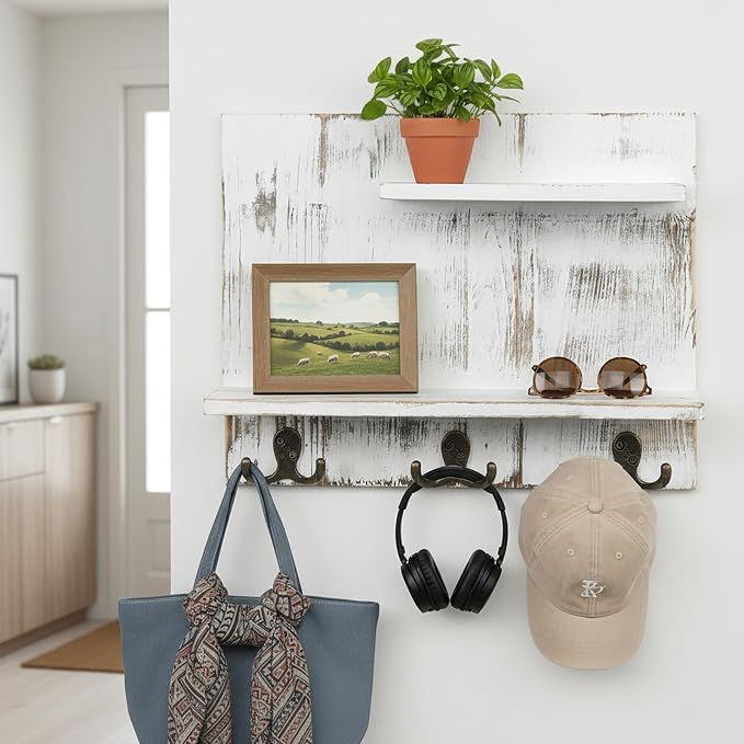 MyGift 2 Tier Wall Mounted Shabby White Washed Solid Wood Bathroom Storage Shelves, Decorative Entryway Floating Shelf Rack with 6 Hooks for Hanging Towels | Shabby Chic Finish, Six Hanging Points, Two Level Design, Space Saving Solution, Rustic Home A...