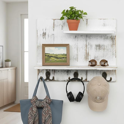 MyGift 2 Tier Wall Mounted Shabby White Washed Solid Wood Bathroom Storage Shelves, Decorative Entryway Floating Shelf Rack with 6 Hooks for Hanging Towels | Shabby Chic Finish, Six Hanging Points, Two Level Design, Space Saving Solution, Rustic Home A...