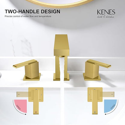 KENES Brushed Gold Widespread Bathroom Faucet 2 Handle Bathroom Sink Faucets 3 Hole, Gold 8-Inch 3 Pieces Vanity Lavatory Faucet with Supply Lines, KE-9050-4