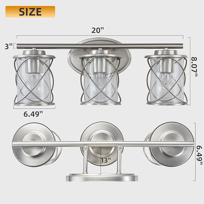3-Lights Bathroom Vanity Lights, Bathroom Light Fixtures Over Mirror, Brushed Nickel Vanity Light, Farmhouse Wall Lights with Clear Glass Shade, Bathroom Wall Lamp for Mirror Kitchen Bedroom