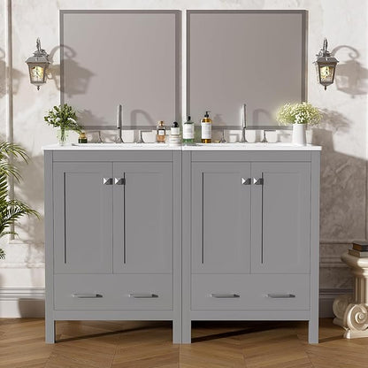 Favfurish 48" Bathroom Vanity with Ceramic Double Sink, Undermount Double Basin Vanity Set w/2 Divided Drawers and 4 Double-Layer Soft Close Doors & Built-in Shelf, Freestanding Storage Cabinet,Gray
