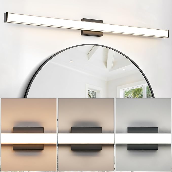 Modern LED Bathroom Vanity Light 48 inch 32W Dimmable 3CCT Bathroom Light Fixture Over Mirror Rectangle Bath Vanity Light Bar with Double Layer Acrylic Shade (Matte Black)