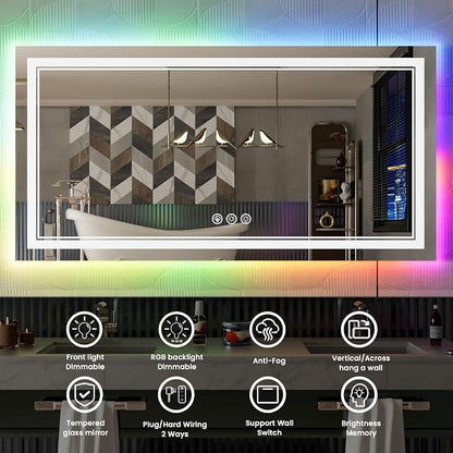 84x32 Inch RGB LED Bathroom Mirror with Lights | Front and RGB Backlit, Dimmable, Memory, Anti Fog, Shatterproof, Horizontal/Vertical, Lighted Mirrors for Bathroom Wall