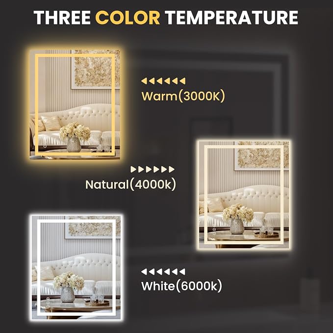 LOAAO 24"X28" LED Bathroom Mirror with Lights, UL Listed | Anti-Fog, Dimmable, 3 Color Temperature, Backlit + Front Lit, Memory Function, Tempered Glass