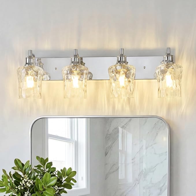 Bathroom Light Fixtures Farmhouse Chrome Vanity Lights for Bathroom Lighting Fixtures Over Mirror with Hammered Glass Lampshade for Cabinet Mirror Bedroom Hallway 4 Light