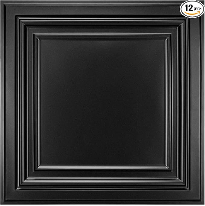 Art3d PVC Ceiling Tiles, 3D Plastic Sheet in Black, 2 x 2 ft, 12-Pack | Lightweight, Waterproof, No Sag and Breakage, Compatible with Grid System, Perfect for Basement, Kitchen