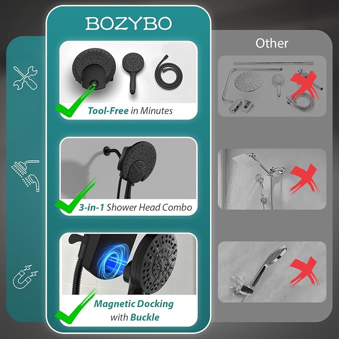Foldable Rainfall Shower Head 9 Spray Settings/Modes Handheld Showerheads | High Pressure Shower Heads with Handheld Spray Combo, Built-in Magnetic Docking, Power Jets, Stainless Steel Shower Hose