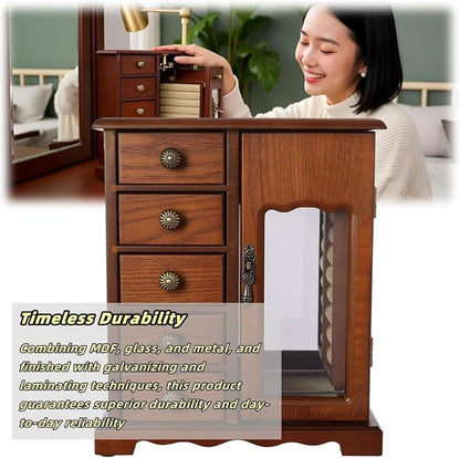 Vintage Wood Jewelry Box with 5 Drawers, Desktop Jewelry Organizer with Glass Door & Mirror, Necklace Ring Storage Display Case Built-in Necklace Carousel, Brown (Dark Brown, 5 Drawers)