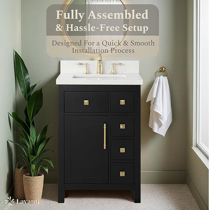 Lavanti Oakford 24 Inch Bathroom Vanity with Sink – Stylish Black Vanity Bathroom with Storage Cabinet – Modern Bathroom Vanities with Single Vanity Sink & Quartz Countertop