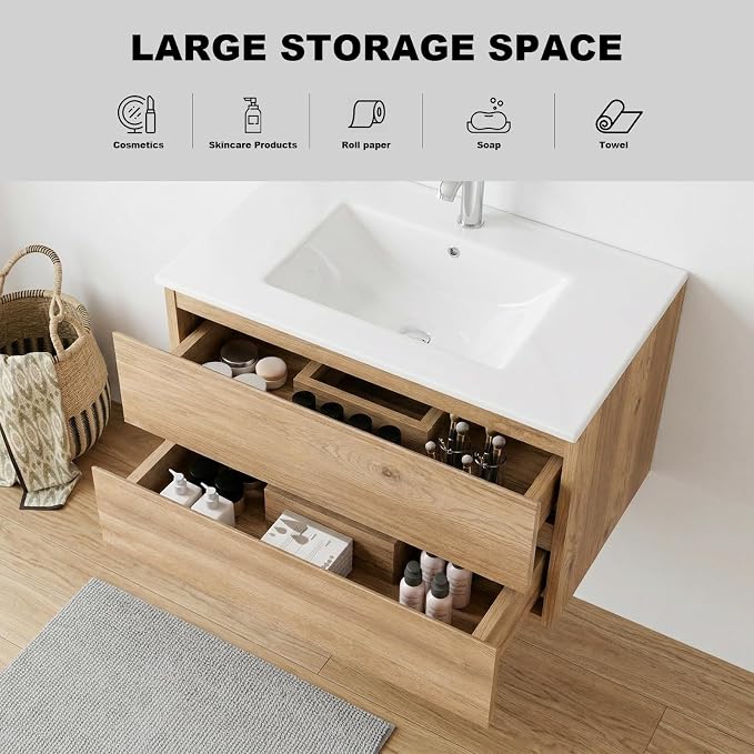 72" Modern Floating Double Sink Bathroom Vanity, Wall Mounted Bathroom Cabinet with U-Shaped Drawers, Beveled Invisible Handles Open Side Shelf, FSC Certified Wood Veneer (White, 72 lnch)