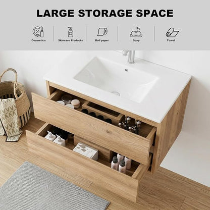72" Modern Floating Double Sink Bathroom Vanity, Wall Mounted Bathroom Cabinet with U-Shaped Drawers, Beveled Invisible Handles Open Side Shelf, FSC Certified Wood Veneer (White, 72 lnch)