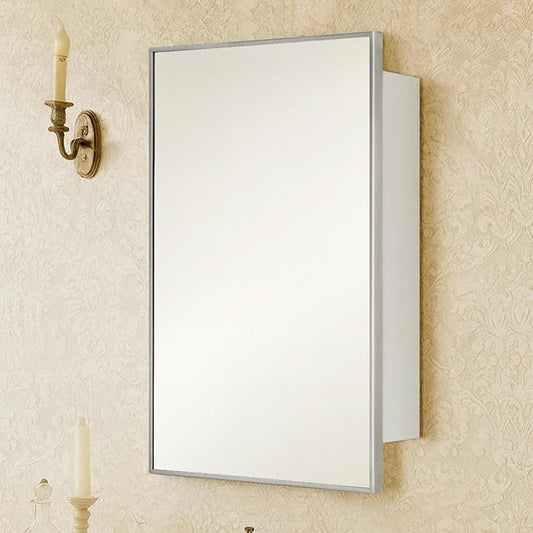TEHOME 24'' x 30'' Brushed Nickel Recessed and Surface Mount Bathroom Nickel Medicine Cabinet with Mirror Square Cornered Metal Framed Rounded Rectangle Medicine Cabinet Mirror