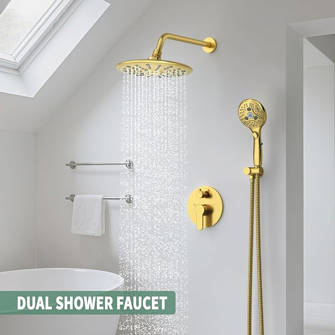 Suncleanse Gold Shower Faucet Sets - 8.5" Rain Shower Head Combo with 7-Setting handheld Spray Complete Shower System - Rainfall Shower Fixtures with Rough-in Valve and Trim Kit for Luxury Bathroom