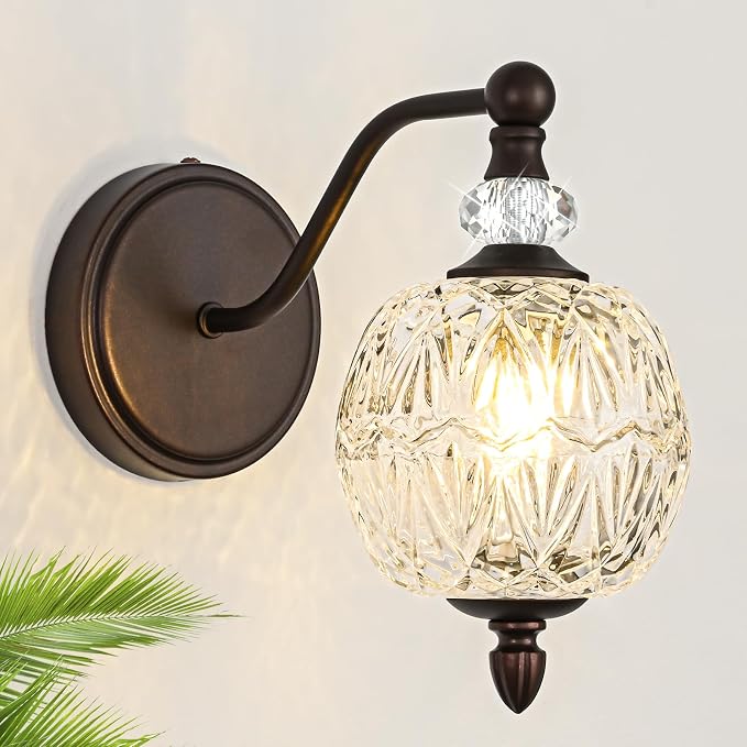 1 Piece Vintage Wall Sconce, 1-Light Mid Century Oil Rubbed Bronze Finish Wall Sconce with Globe Glass Shade, Retro Light for Bathroom, Bedroom, Living Room,Powder Room