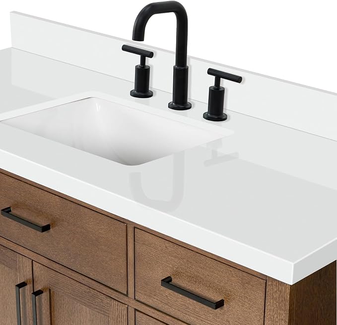 ARIEL Hepburn 60-inch Bathroom Vanity with Sink,Solid Wood, 1.5-inch Pure White Quartz Countertop, Single Rectangular Porcelain Sink, 2 Soft Closing Doors, 9 Dovetail Drawers, Brown Oak