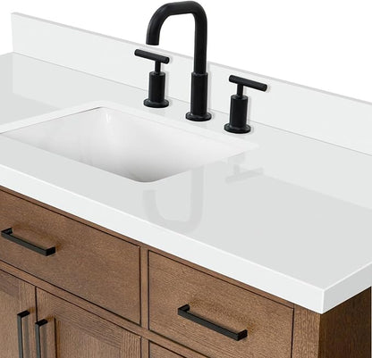 ARIEL Hepburn 60-inch Bathroom Vanity with Sink,Solid Wood, 1.5-inch Pure White Quartz Countertop, Single Rectangular Porcelain Sink, 2 Soft Closing Doors, 9 Dovetail Drawers, Brown Oak