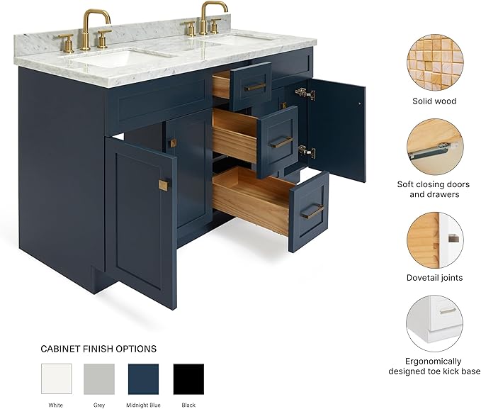 ARIEL Hamlet 60-inch Bathroom Vanity with Sink,Solid Wood, 1.5-inch Italian Carrara Marble Countertop, Double Rectangular Porcelain Sink, 4 Soft Closing Doors, 3 Dovetail Drawers, Midnight Blue