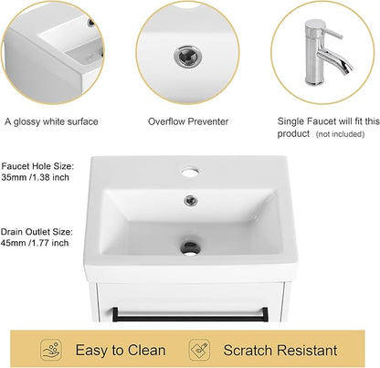 Malwee 18" Floating Bathroom Vanity with Sink, 18 inch Modern White Wall Mounted Bathroom Cabinet Combo for Small Space, Narrow Bath Wall-Hung Vanity Set with 1 Ceramic Basin and 1 Door(18gwh)