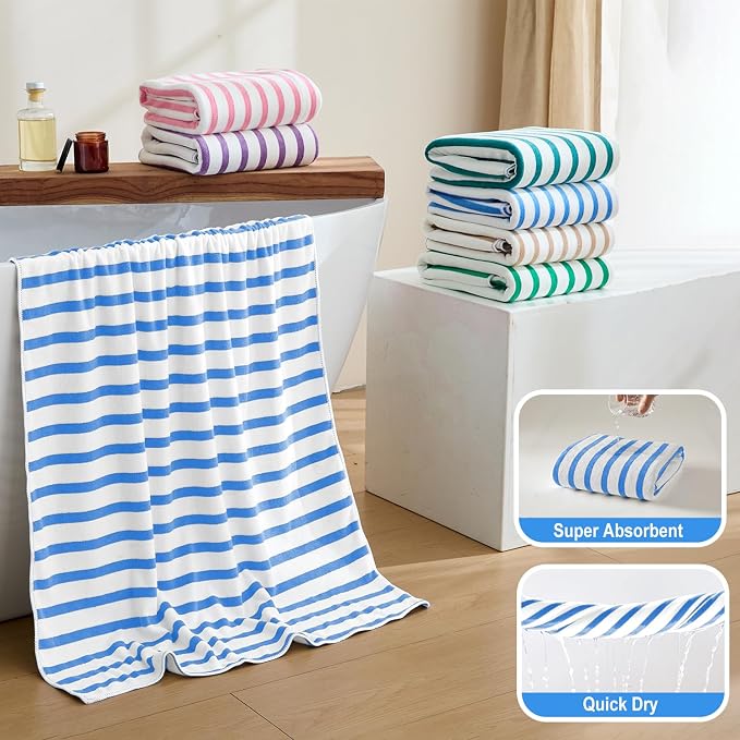 JML Microfiber Beach Towels, 4 Pack, 30" x 60", Cabana Stripe Blue | Hanging Loop,Soft, Absorbent, Quick Dry, Lint-free, No Fading Bath Towel for Summer Swimming Pool Party