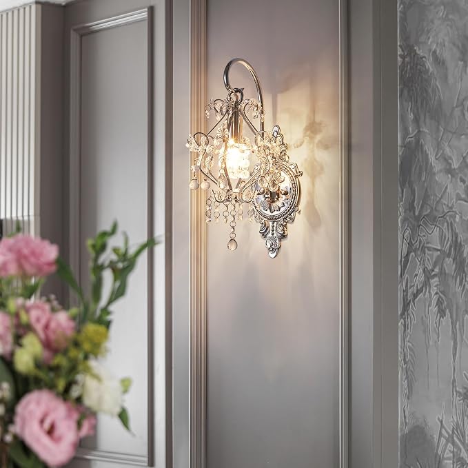 Fetason Indoor Hardwired Silver Crystal Vintage Wall Sconces Light Set of 2 | Modern Wall Mounted Lamp Light Fixture for Bedroom Living Room Bathroom Vanity Light Hallway Light Fixture Decor LED E12