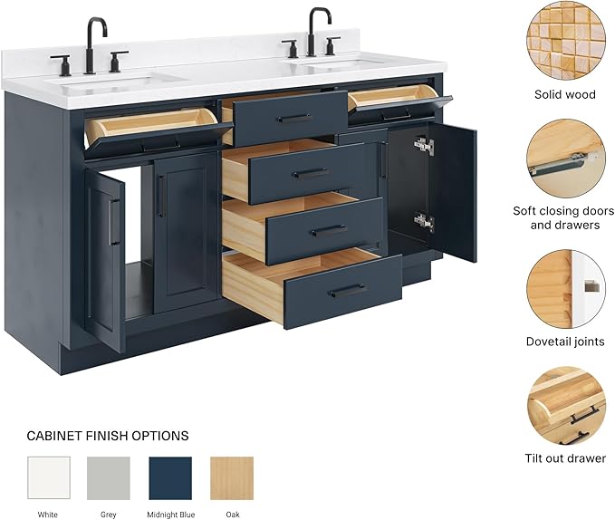 ARIEL Hepburn 66-inch Bathroom Vanity with Sink,Solid Wood, 1.5-inch Carrara White Quartz Countertop, Double Rectangular Porcelain Sink, 4 Soft Closing Doors, 6 Dovetail Drawers, Midnight Blue