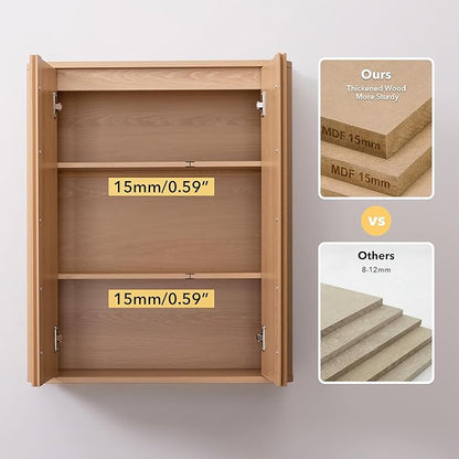 Wall Mounted Bathroom Cabinet, Premium Medicine Cabinet with Safe Rounded Edges, 2-Door Wood Storage Organizer with Adjustable Shelves for Laundry, Kitchen