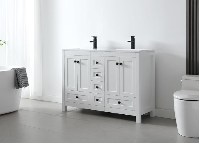 LUCKWIND 48" Bathroom Vanity and Sink Combos, Modern Bathroom Storage Painted Cabinet with Undercounter Resin Dual Sink Top, Matte Black Faucet and 6 Drawers, Mirror Not Included, White