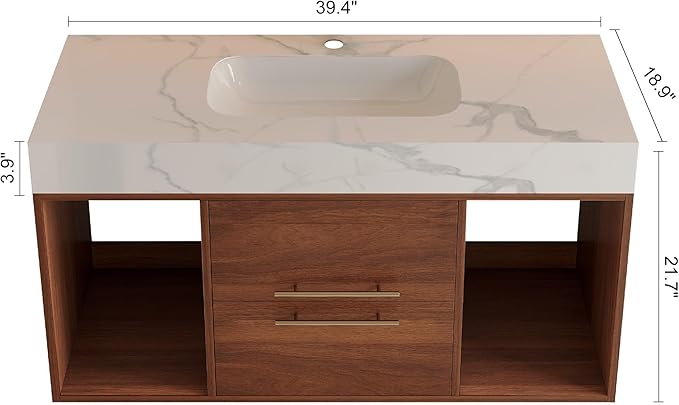 40 inch Modern Floating Bathroom Vanity with Sink, Wall Mounted Bathroom Cabinet with Ceramic Sink, Sintered Stone Countertop, 2 Soft Closing Drawers & Open Storage Shelf, Walnut